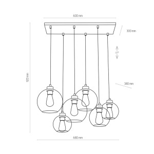 Lampa wisząca CUBUS TK Lighting 6xE27 15W Szkło Grafit lustrzany rysunek techniczny