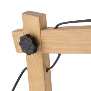 Lampka nocna OSLO TK Lighting 1xE27 15W Metal Czarny na drewnianej podstawie z czarnym przewodem.