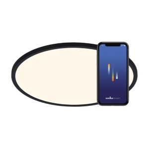 Lampa sufitowa OjaSmart Nordlux 1xLED czarna i telefon z aplikacją smart.