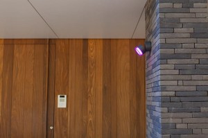 Kinkiet zewnętrzny LED Lutec Dropsi 5010901118 IP44 na tle drewnianej ściany.