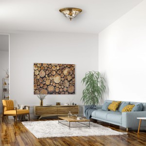 Lampa sufitowa Plafon Cambridge Elstead Lighting 2x60W E27 mosiądz w nowoczesnym salonie.