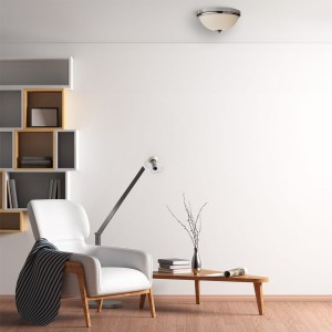 Lampa sufitowa Plafon Malibu Elstead Lighting 2x40W E27 Chrom Metal zamontowana w nowoczesnym salonie.