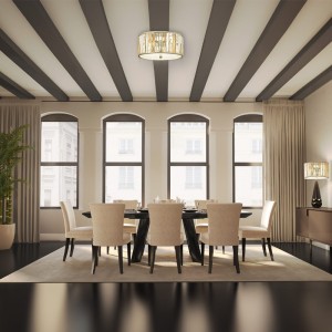 Lampa sufitowa plafon Gemma Elstead Lighting 3x60W Złoty Metal w eleganckiej jadalni.