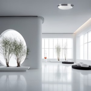 Lampa sufitowa plafon okrągły Brompton Elstead Lighting 1x9W Chrom Stal w nowoczesnym wnętrzu.