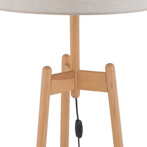 Lampa podłogowa PEREZ TK Lighting 1xE27 15W Len Szaro beżowy trójnożna drewniana podstawa.