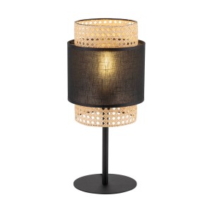 Lampka nocna BOHO TK Lighting z tkaniny i rattanu, czarno-słomkowa.