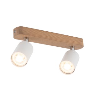 Lampa sufitowa TOP TK Lighting 2xGU10 10W z dwoma białymi kloszami na drewnianej podstawie.