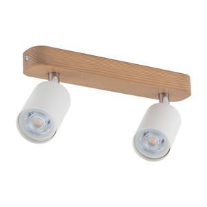 Lampa sufitowa TOP TK Lighting 2xGU10 10W z białymi kloszami i drewnianą belką.