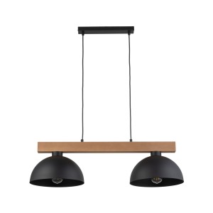 Lampa wisząca OSLO TK Lighting 2xE27 15W Metal Czarny, dwa czarne klosze na drewnianym belce.
