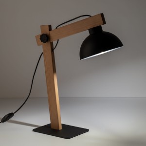 Lampka nocna OSLO TK Lighting 1xE27 15W Metal Czarny na drewnianej podstawie.