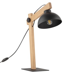 Lampka nocna OSLO TK Lighting 1xE27 15W Metal Czarny, drewniana podstawa.