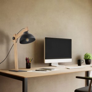 Lampka nocna OSLO TK Lighting czarna na biurku obok komputera.