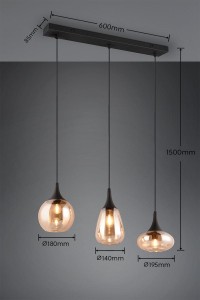 Lampa wisząca Lumina Trio 3xE14 40W Czarny mat / Bursztynowy Metal / Szkło z trzema kloszami o różnych kształtach i rozmiarach.