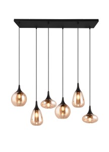 Lampa wisząca Lumina Trio 6xE14 40W Czarny mat / Bursztynowy Metal / Szkło, widok na sześć żarówek w bursztynowych kloszach.