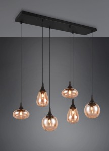 Lampa wisząca Lumina Trio 6xE14 40W Czarny mat / Bursztynowy Metal / Szkło z sześcioma żarówkami.
