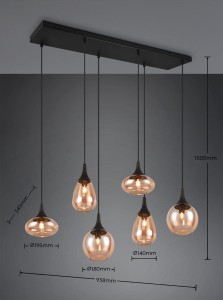 Lampa wisząca Lumina Trio 6xE14 40W Czarny mat / Bursztynowy Metal / Szkło zawieszona w pokoju.