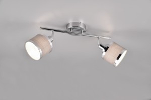 Lampa sufitowa Arosa Trio 2xE14 28W Srebrny / Chrom Metal / Tkanina na tle szarej ściany.