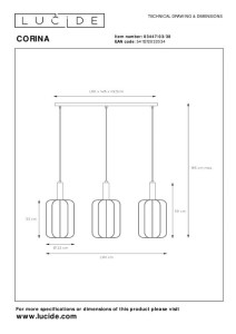 Lampa wisząca Corina Lucide 3xE27 40W beżowy tkanina rysunek techniczny.