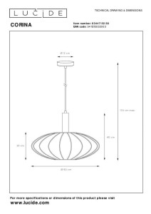 Lampa wisząca Corina Lucide 1xE27 40W Czarny Złoty Tkanina schemat techniczny.