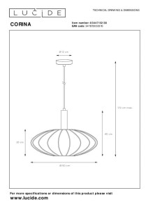 Lampa wisząca Corina Lucide, beżowy abażur tkaninowy, 1xE27, 40W, rysunek techniczny.