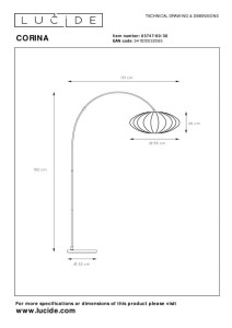 Lampa stojąca Corina Lucide 1xE27 40W Czarny / Złoty Tkanina / Metal - schemat techniczny.