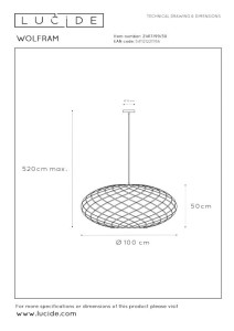 Rysunek techniczny Lampa wisząca Wolfram Lucide 3xE27 60W Czarny Metal
