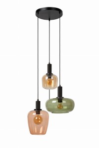 Lampa wisząca Ilona Lucide 3xE27 40W czarna z kolorowymi kloszami.