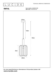 Lampa wisząca Rafal Lucide 1xE27 40W Szary/Czarny Filc - rysunek techniczny i wymiary.