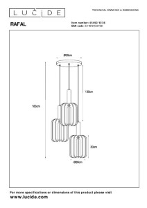 Lampa wisząca Rafal Lucide 3xE27 40W Szary/Czarny Filc, rysunek techniczny.
