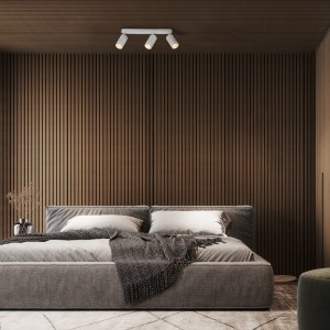 Lampa punktowa Jet TK Lighting 3xGU10 LED 10 W na tle minimalistycznej sypialni.