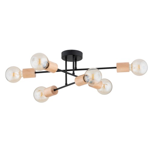 Lampa sufitowa La-Stena 63250 Alfa 6xE27 LED Metal/Drewno Czarny - Jasne Drewno
