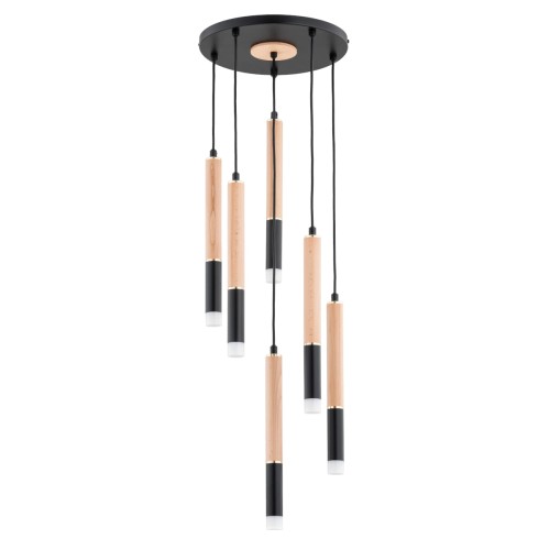 Lampa wisząca Rodeo 63218 Alfa 6xG9 LED Metal/Drewno Czarny - Złoty - Jasne Drewno