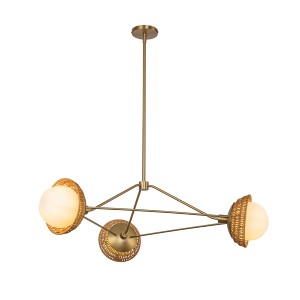 Lampa wisząca Żyrandol Perth ALM-PERTH3-GD Elstead Lighting 3xE14 40W Stal, rattan, szkło opalowe Złoty
