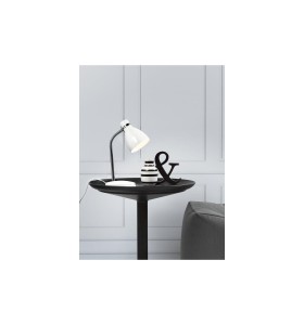 Lampa Stołowa Nordlux E14 15W Metal Biały na czarnym stoliku obok białego wazonu.