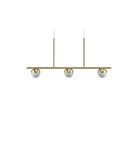 Lampa Wisząca Nordlux G9 5W Metal Mosiądz z trzema kulistymi kloszami na poziomej belce.