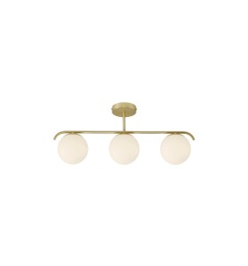 Lampa Wisząca Nordlux E14 25W Metal Mosiądz z trzema białymi kulistymi kloszami.