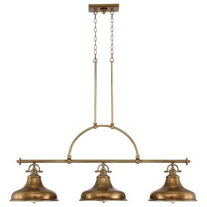 Lampa wisząca/żyrandol Emery Elstead Lighting z trzema kloszami w kolorze mosiądzu.