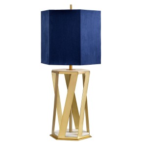 Lampa stojąca Apollo Elstead Lighting wielokolorowa z niebieskim abażurem i metalową podstawą.
