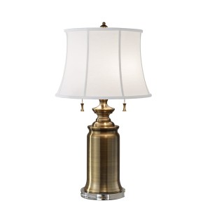 Lampa stojąca Stateroom Elstead Lighting 2x60W E27 Stal Mosiądz z białym abażurem.