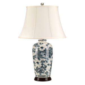 Lampa stojąca Blue Traditional Elstead Lighting porcelanowa z abażurem.