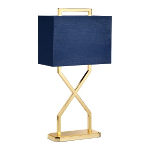 Lampa stojąca Cross Elstead Lighting z niebieskim abażurem i złotą podstawą.