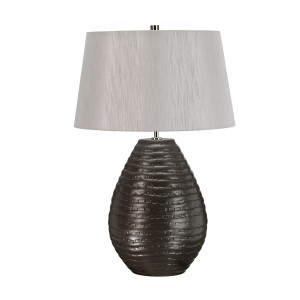 Lampa stojąca Brunswick Elstead Lighting czarna ceramiczna z białym abażurem.