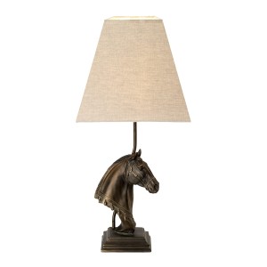 Lampa stojąca Eclipse Elstead Lighting z abażurem i podstawą w kształcie głowy konia.