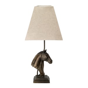 Lampa stojąca Eclipse Elstead Lighting z brązową podstawą w kształcie głowy konia i jasnym abażurem.
