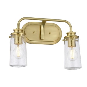 Lampa ścienna kinkiet Braelyn Elstead Lighting 2xE27 40W stalowa ze szkłem z bąbelkami powietrza w szczotkowanym mosiądzu.