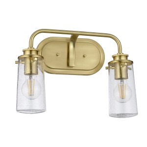 Lampa ścienna kinkiet Braelyn Elstead Lighting 2xE27 40W w stylu retro, stal, szkło z bąbelkami powietrza, szczotkowany mosiądz.