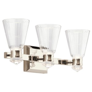 Lampa ścienna kinkiet Kayva Elstead Lighting z trzema szklanymi kloszami.