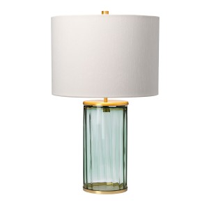 Lampa stołowa Reno Elstead Lighting z pryzmatycznym szkłem i abażurem ze sztucznego jedwabiu w starym mosiądzu