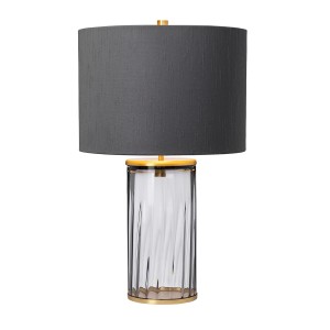 Lampa stołowa Reno Elstead Lighting ze szkłem pryzmatycznym i abażurem z sztucznego jedwabiu.