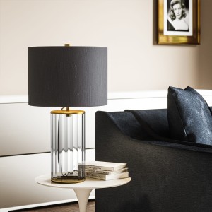 Lampa stołowa Reno Elstead Lighting, czarny abażur, pryzmatyczne szkło, stary mosiądz.